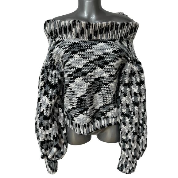 Handknit Sweater Black Gray White Off Shoulder Balloon Sleeves Pullover Small - Picture 1 of 11